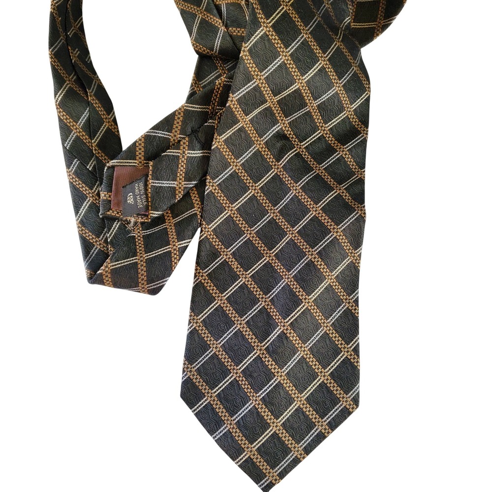 Daniel De Fasson Silk Tie Mens Grey Bronze‎ Plaid Geometric Hand Made RN 82470